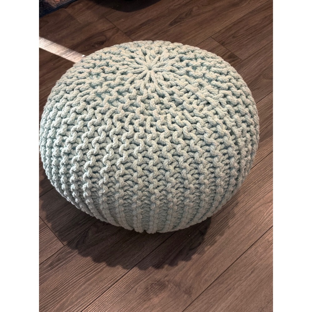 Chunky Knit Round Pouf Ottoman Light Blue Woven Floor Seat Footrest Boho Decor